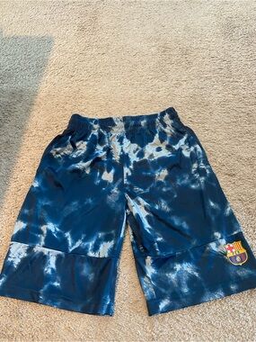 Boys FC Barcelona Blue Tie-Dye Soccer Shorts with Team Crest